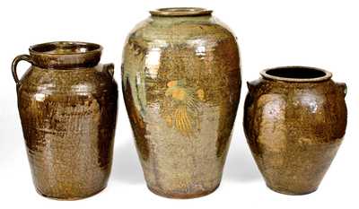 Lot of Three: Alkaline-Glazed Southern Stoneware incl. Decorated Floor Vase, Churn, and Jar