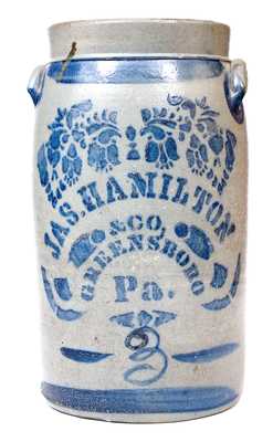 3 Gal. JAS. HAMILTON & CO. / GREENSBORO, PA Stoneware Churn