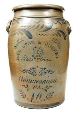 10 Gal. HAMILTON & JONES/ GREENSBORO, PA Stoneware Jar w/ Brushed and Stenciled Decoration