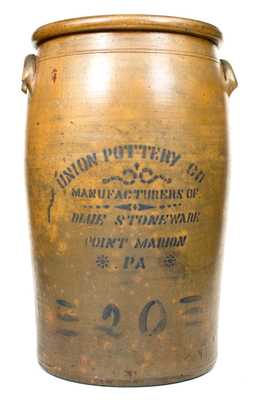 Rare 20 Gal. UNION POTTERY CO. / POINT MARION, PA Stoneware Jar