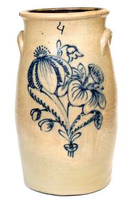 4 Gal. Ohio Stoneware Churn with Elaborate Slip-Trailed Floral Decoration