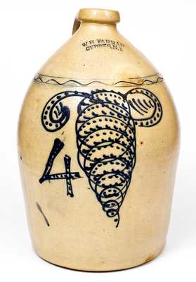 Outstanding 4 Gal. W. H. FARRAR / GEDDES, N.Y. Stoneware Jug w/ Slip-Trailed Tornado Decoration