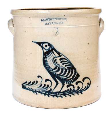 5 Gal. A. O. WHITTEMORE / HAVANA, NY Stoneware Crock w/ Detailed Bird Decoration
