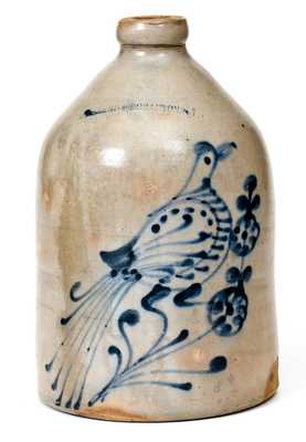 1 Gal. W. ROBERTS BINGHAMTON, NY Stoneware Jug w/ Elaborate Bird Decoration