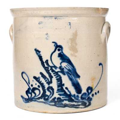 NEW YORK STONEWARE CO. / FORT EDWARD, N.Y. Stoneware Crock w/ Bird on Stump