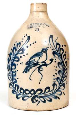 Rare J. S. TAFT & CO. / KEENE, N.H. Stoneware Jug w/ Bird in Wreath Decoration