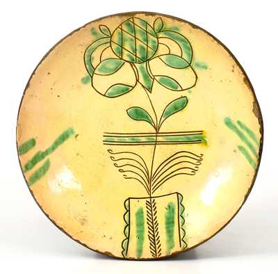 Very Fine PA Sgraffito Redware Plate w/ Flowering Urn, possibly H. Roadebush, Montgomery Co, PA