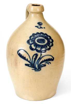 Attrib. John Burger, Rochester, NY Stoneware Jug with Detailed Slip-Trailed Floral Decoration