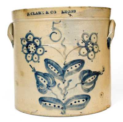 5 Gal. N. CLARK & CO. / LYONS Stoneware Crock w/ Profuse Floral Decoration