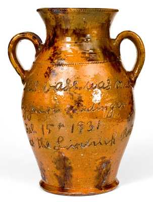 Unusual Signed Jacob Medinger, Limerick Twp, Montgomery Co, PA Redware Vase