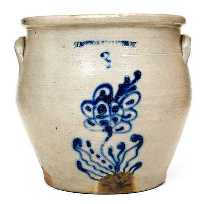 3 Gal. W. ROBERTS BINGHAMTON, NY Stoneware Jar w/ Slip-Trailed Floral Decoration