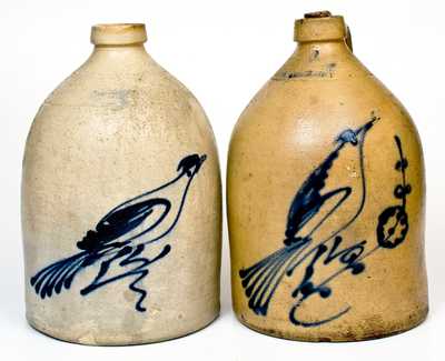 Lot of Two: WHITES UTICA Stoneware Jugs with Near-Identical Bird Decorations