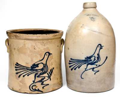 Lot of Two: WHITES UTICA, NY Stoneware Jug and Crock with Slip-Trailed Bird Decorations