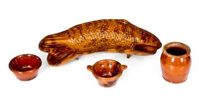 Lot of Four: Pennsylvania Redware Fish Mold, Miniature Redware Tub, Jar, and Pan