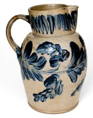 Exceptional Two-Gallon H. MYERS Stoneware Pitcher w/ Profuse Cobalt Floral Decoration