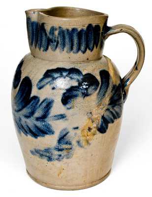 Exceptional Two-Gallon H. MYERS Stoneware Pitcher w/ Profuse Cobalt Floral Decoration