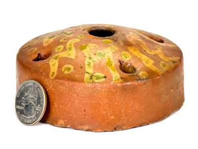 Unusual Redware Inkwell w/ Yellow and Green Slip Decoration, probably New York State