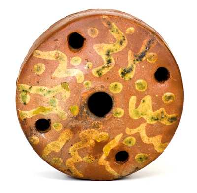 Unusual Redware Inkwell w/ Yellow and Green Slip Decoration, probably New York State