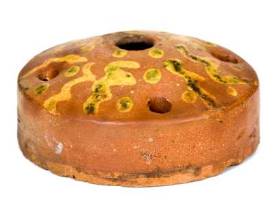 Unusual Redware Inkwell w/ Yellow and Green Slip Decoration, probably New York State