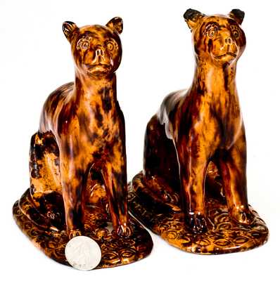 Exceedingly Rare and Important Pair of Redware Cat Figures att. Solomon Bell, Strasburg, VA