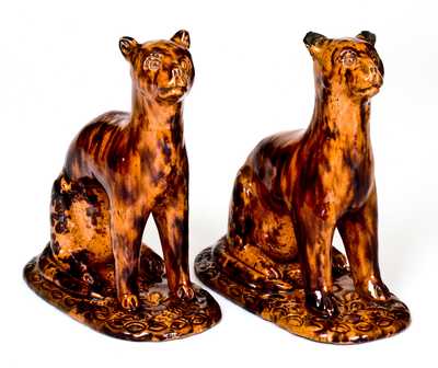 Exceedingly Rare and Important Pair of Redware Cat Figures att. Solomon Bell, Strasburg, VA