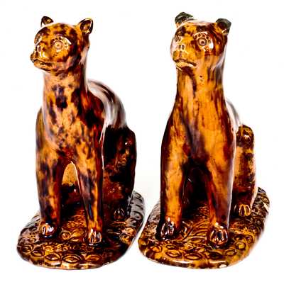 Exceedingly Rare and Important Pair of Redware Cat Figures att. Solomon Bell, Strasburg, VA