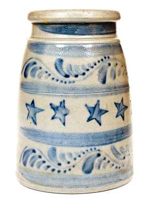 Rare Western PA Stoneware Canning Jar with Elaborate Stenciled Star and Freehand Cobalt
