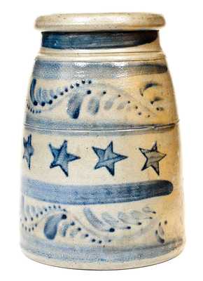 Rare Western PA Stoneware Canning Jar with Elaborate Stenciled Star and Freehand Cobalt