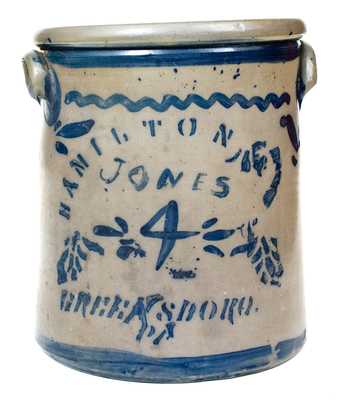 Four-Gallon Hamilton & Jones Stencil and Freehand Stoneware Crock, c1875