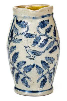 Outstanding Small-Sized Stoneware Pitcher with Profuse Incised Floral and Impressed Bird Decorations, attributed to Richard C. Remmey, Philadelphia, PA, circa 1890. H 7 5/8.