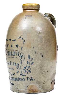 J. HAMILTON & CO. / GREENSBORO, PA Stoneware Jug w/ Shield and Stars Decoration