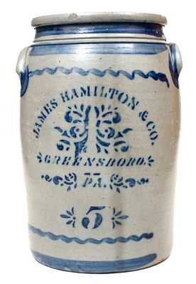 5 Gal. JAMES HAMILTON & CO. / GREENSBORO, PA Stoneware Jar w/ Stenciled Decoration