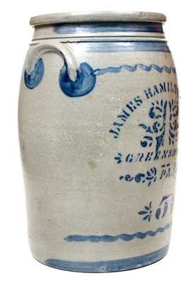5 Gal. JAMES HAMILTON & CO. / GREENSBORO, PA Stoneware Jar w/ Stenciled Decoration