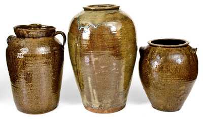 Lot of Three: Alkaline-Glazed Southern Stoneware incl. Decorated Floor Vase, Churn, and Jar
