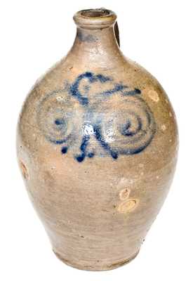 Outstanding att. Kemple, Ringoes, NJ 18th Century Stoneware Jug w/ Watchspring Design