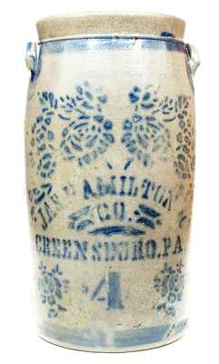 4 Gal. JAS. HAMILTON & CO. / GREENSBORO, PA Stoneware Churn with Elaborate Decoration