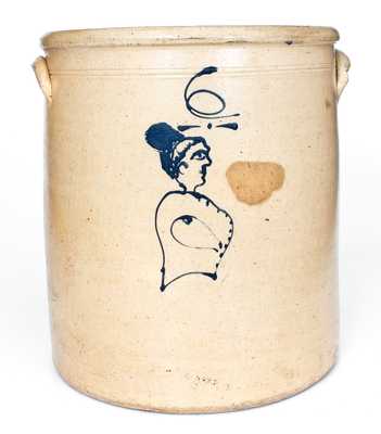 Fine 6 Gal. Ohio Stoneware Crock w/ Woman s Bust and Floral Decoration