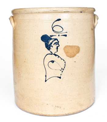 Fine 6 Gal. Ohio Stoneware Crock w/ Woman s Bust and Floral Decoration