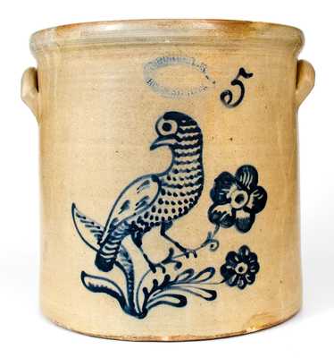 Rare J. BURGER JR. / ROCHESTER, NY Stoneware Crock w/ Slip-Trailed Bird Decoration