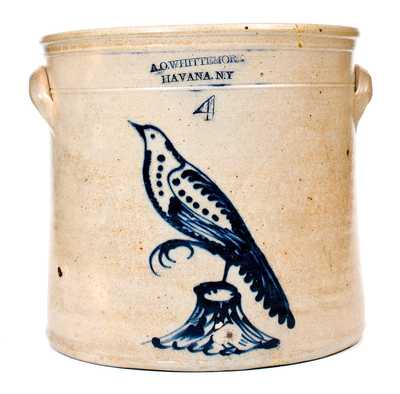 4 Gal. A. O. WHITTEMORE / HAVANA, NY Stoneware Crock w/ Bird-on-Stump Decoration