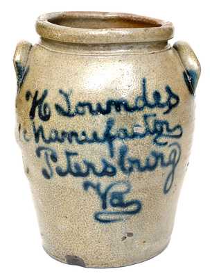 Rare "H. Loundes / Manufacturer / Petersburg, Va" Stoneware Jar