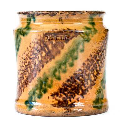 J. BELL Redware Jar w/ Profuse Multi-Colored Slip Decoration