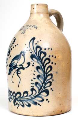 Rare J. S. TAFT & CO. / KEENE, N.H. Stoneware Jug w/ Bird in Wreath Decoration