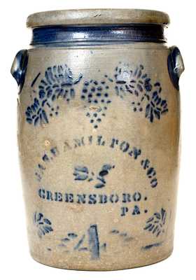 4 Gal. JAS. HAMILTON & CO. / GREENSBORO, PA Stoneware Jar with Stenciled Grapes Decoration