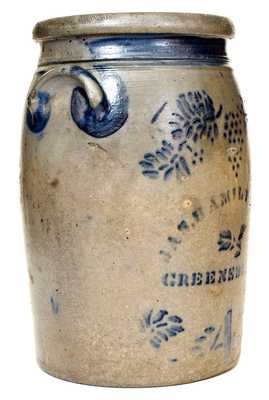 4 Gal. JAS. HAMILTON & CO. / GREENSBORO, PA Stoneware Jar with Stenciled Grapes Decoration
