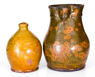 Lot of Two: Glazed New England Redware Pitcher and Jug