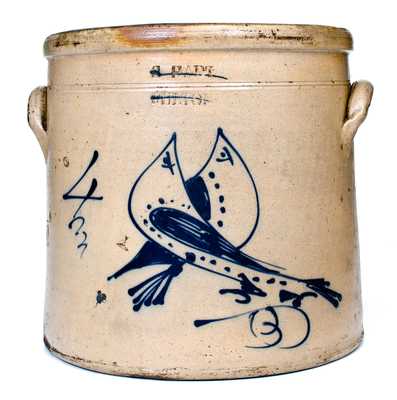 4 Gal. S. HART / FULTON Stoneware Crock w/ Double Bird Decoration