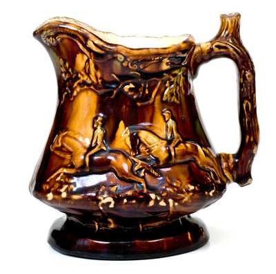 Rare Rockingham Ware Hunt Scene Pitcher att. Swan Hill Pottery, South Amboy, NJ