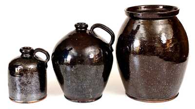 Lot of Three: Manganese-Glazed Redware Jugs and Jar, Thorne Pottery, Crosswicks, NJ