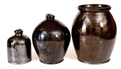 Lot of Three: Manganese-Glazed Redware Jugs and Jar, Thorne Pottery, Crosswicks, NJ